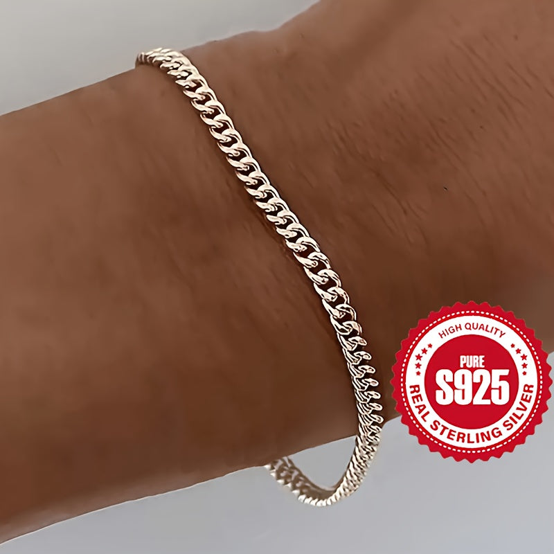1pc 925 Sterling Silver Cuban Chain Bracelet Simple Style Elegant Hand Chain Bracelet